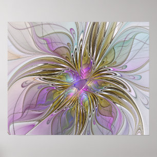 Floral Colourful Abstract Fractal With Pink & Gold Poster