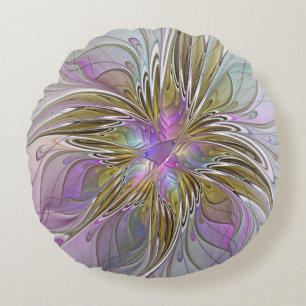 Floral Colourful Abstract Fractal With Pink & Gold Round Pillow