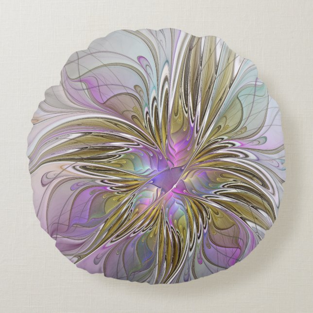 Floral Colourful Abstract Fractal With Pink & Gold Round Pillow (Front)