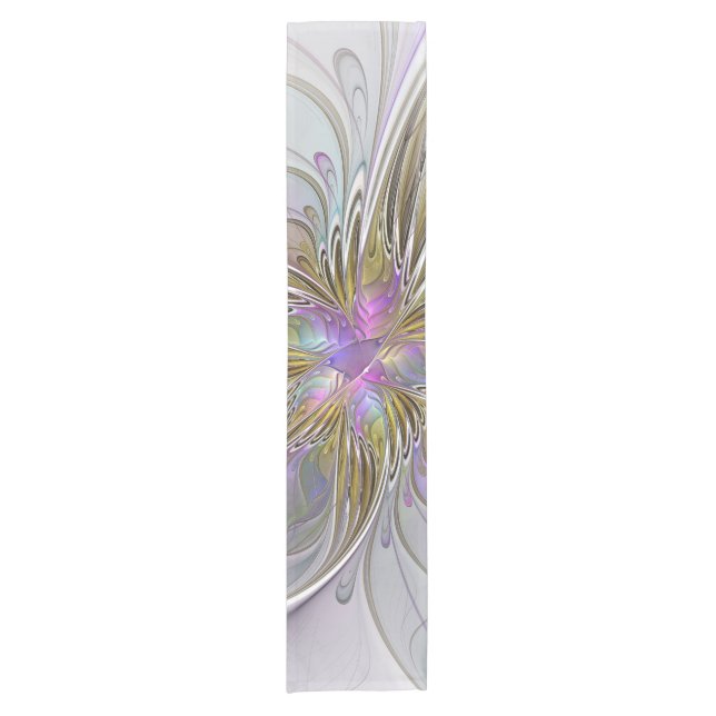 Floral Colourful Abstract Fractal With Pink & Gold Short Table Runner (Front)