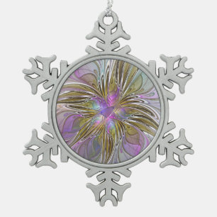 Floral Colourful Abstract Fractal With Pink & Gold Snowflake Pewter Christmas Ornament