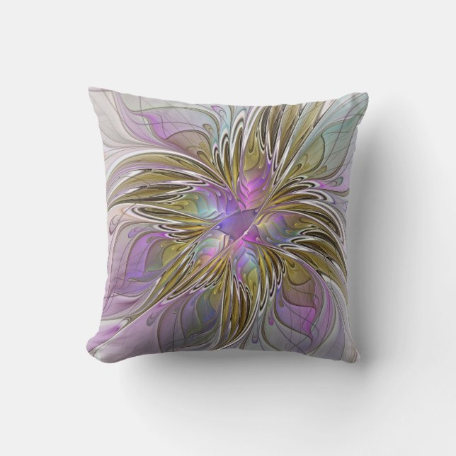Floral Colourful Abstract Fractal With Pink & Gold Throw Pillow (Front)