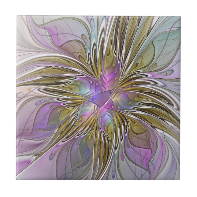 Floral Colourful Abstract Fractal With Pink & Gold Tile (Front)