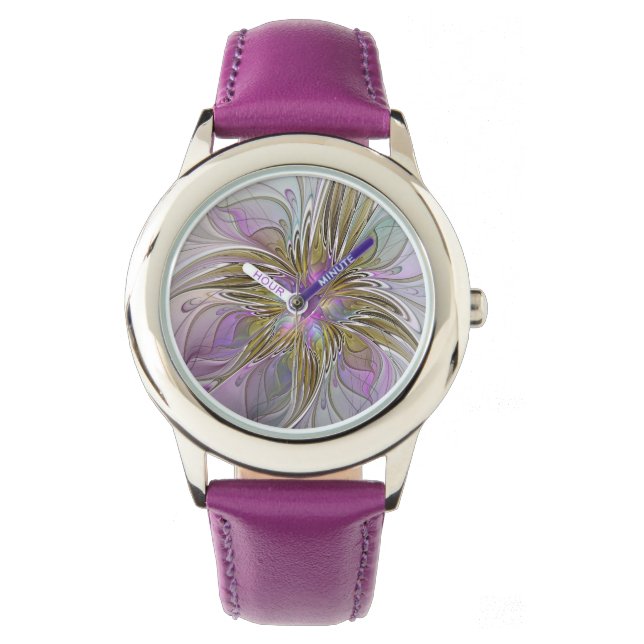 Floral Colourful Abstract Fractal With Pink & Gold Watch (Front)