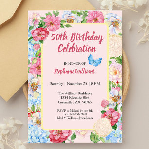 Floral Colourful Border Women's 50th Birthday  Invitation