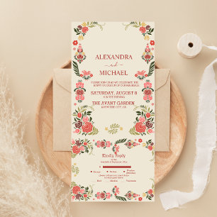 Floral colourful folk art wedding all in one invitation