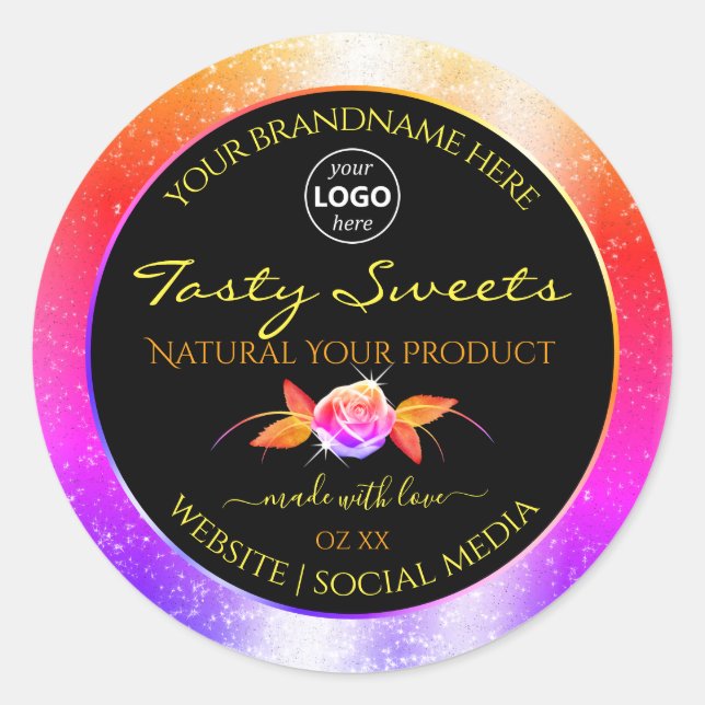 Floral Colourful Glitter Black Product Labels Logo (Front)