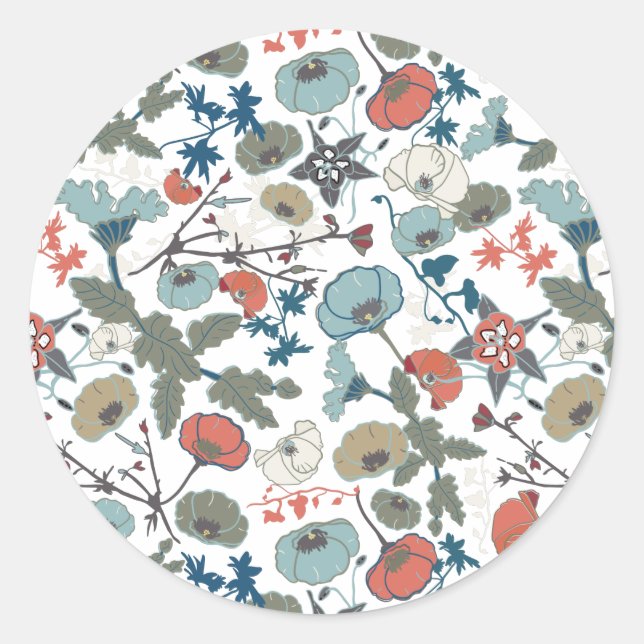 Floral Colourful Joyful Blue Orange Green Classic Round Sticker (Front)