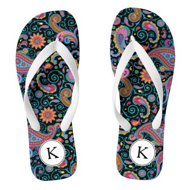 Floral Colourful Paisley White Accent Monogram Flip Flops (Footbed)