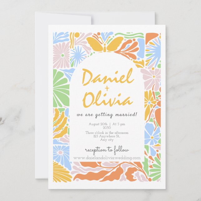 Floral Colourful Retro Frame Wedding Invitation (Front)