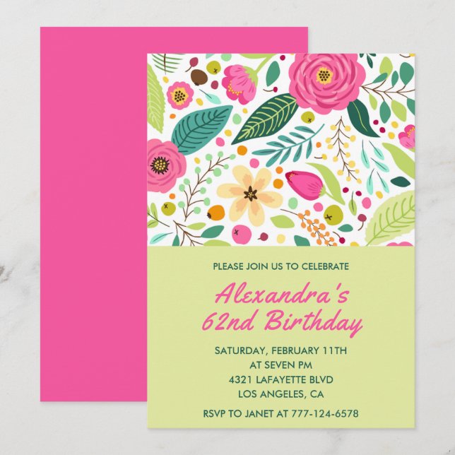 Floral Colourful Simple 62nd birthday invitations  (Front/Back)