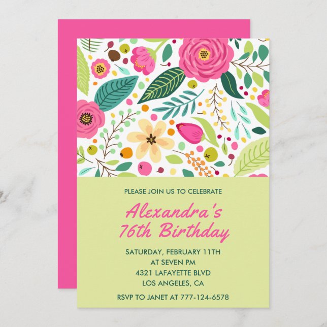 Floral Colourful Simple 76th birthday invitations  (Front/Back)