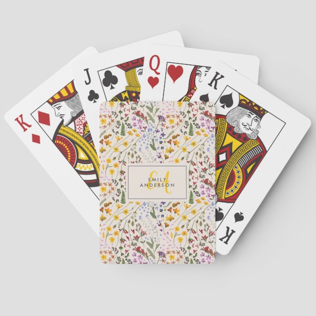 Floral colourful wildflower personalized initial playing cards (Back)