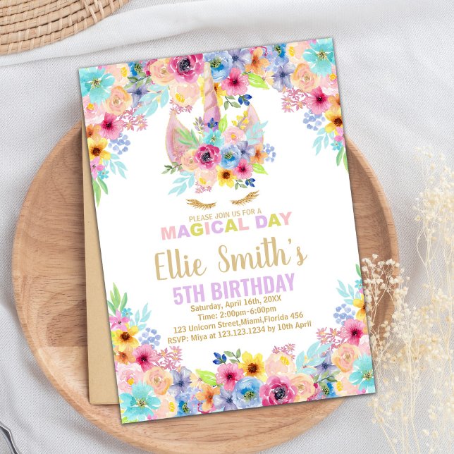 Floral Colours Unicorn Invitations Anniversaire (Floral Colors Unicorn Birthday Invitations)