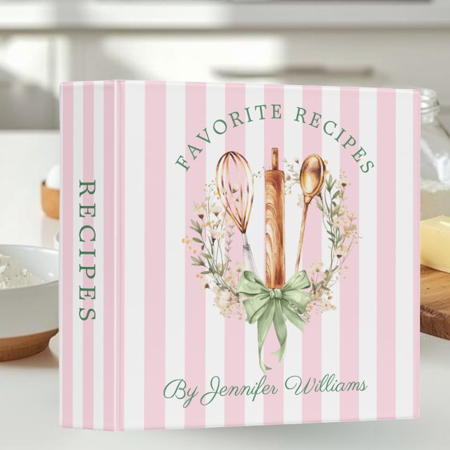 Floral Cooking Utensils & Favorite Recipes Binder (Pink stripe and Utensils Cooking Bakery Recipes Binder)
