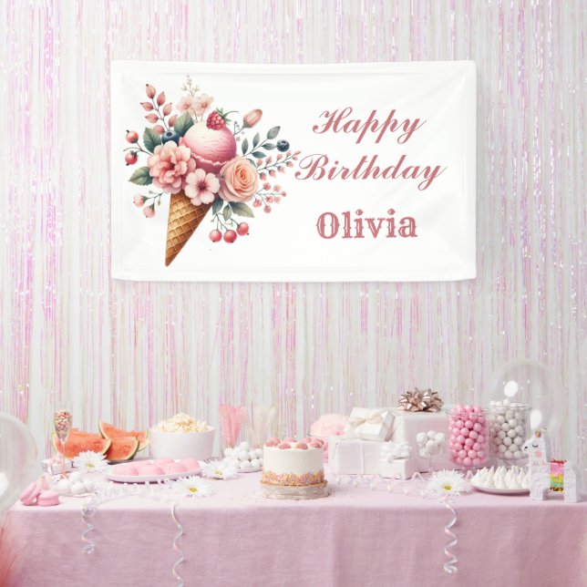 Floral Cool Happy Birthday Ice Cream Party Banner (Party)