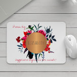 Floral copper circle inspiring words and your name mouse pad<br><div class="desc">Stylish girly glam sophisticated mouse pad with a beautiful watercolor bohemian hand painted red,  hot pink and navy blue peony roses and feathers bouquet and with a copper metallic looking circle having your name inside. Personalize it with your name and your inspiring text \ quote!</div>