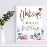 Floral copper glitter bridal shower welcome sign<br><div class="desc">A modern glamourous spring or summer bridal shower welcome sign poster featuring watercolor blush pink magnolia flowers, green foliage, and eucalyptus leaves and a classy whimsical handwritten brushed style copper glitter calligraphy script over a washed blue background. Easy to personalize it with the name of the bride to be! Suitable...</div>