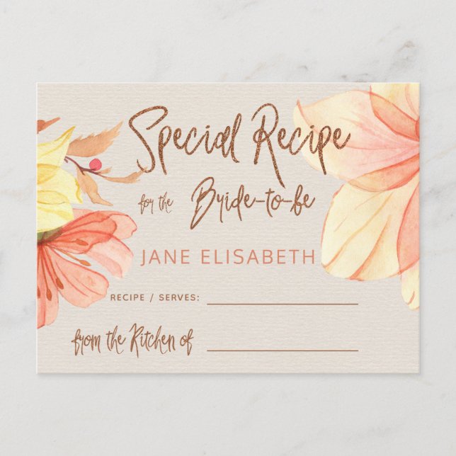 Floral copper glitter script bridal shower recipe postcard (Front)