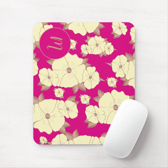 Floral Copper Pastel Yellow on Fuchsia background Mouse Pad (With Mouse)