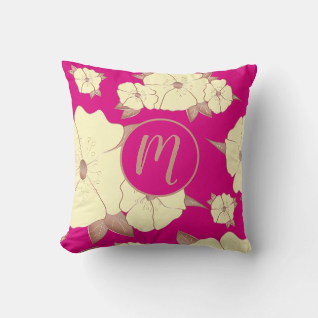 Floral Copper Pastel Yellow on Fuchsia background Throw Pillow (Front)