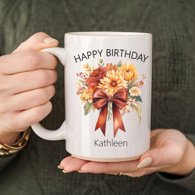 Floral Coquette Bow Happy Birthday Mug for Her (personalized mug gift, birthday gift for mom, birthday gift for grandma, birthday gift for her)