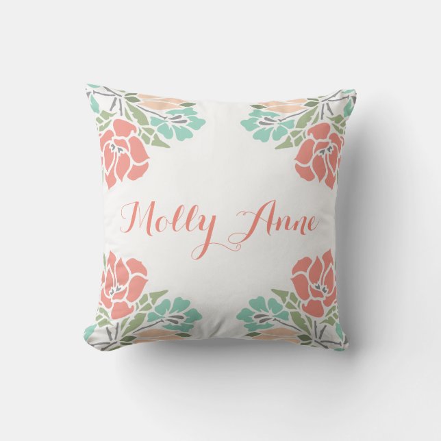 Floral Coral and Teal Baby Girl Nursery Throw Pillow (Front)