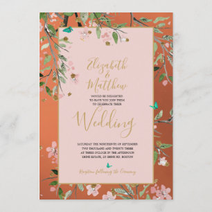 Floral Coral Elegant Pink Gold Chinoiserie Wedding Invitation