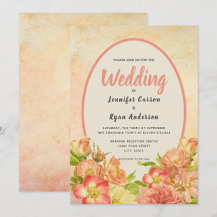 Floral Coral English Garden Country Wedding Invitation