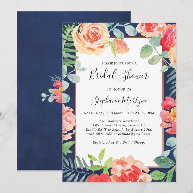 Floral Coral Foliage Navy Blue Bridal Shower Invitation (Front/Back)
