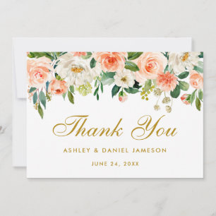Floral Coral Gold Wedding Thank You Card
