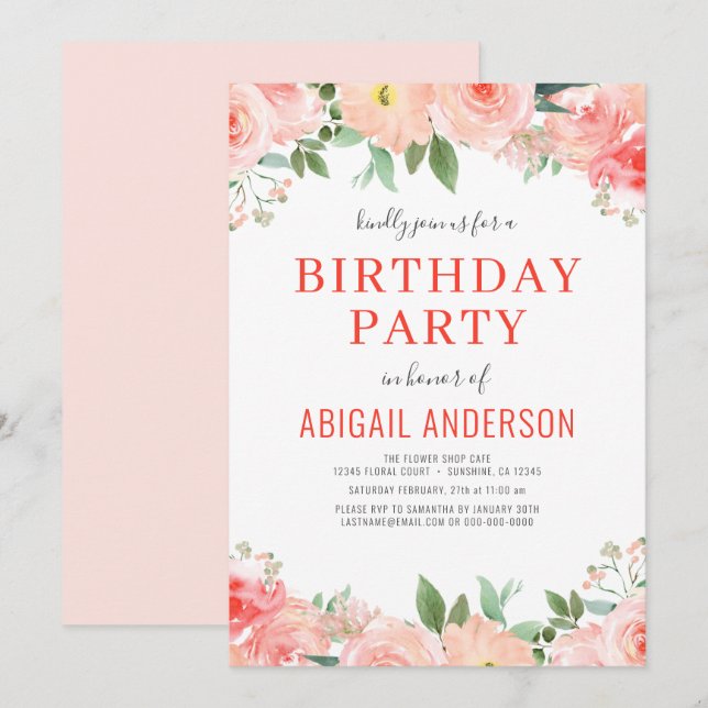 Floral Coral Peach Birthday Any Age Modern  Invitation (Front/Back)