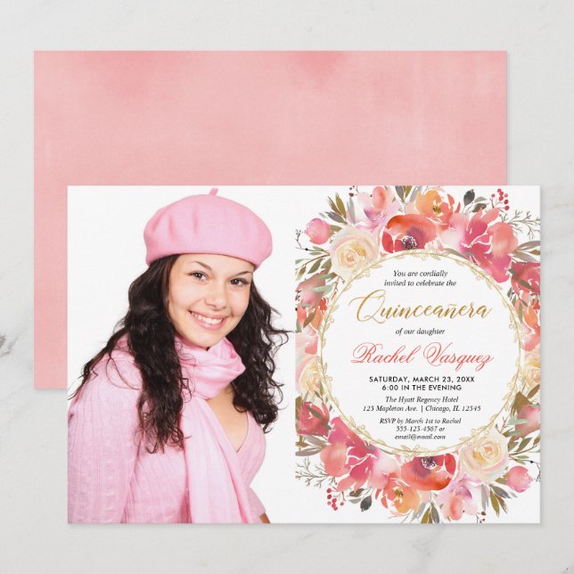 Floral coral pink gold garden Quinceanera photo Invitation (Front/Back)