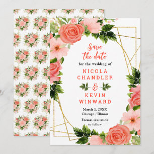 Floral Coral Red Roses Wedding Save The Date