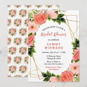Floral Coral Red Roses with Foliage Bridal Shower Invitation