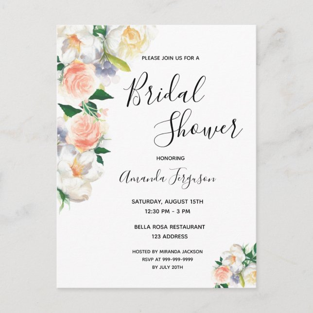 Floral coral rose gold Bridal Shower invitation Postcard (Front)