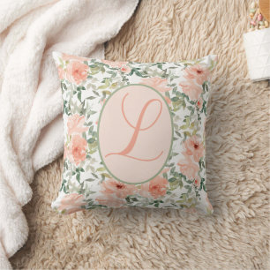 Floral Coral Script Monogram Throw Pillow
