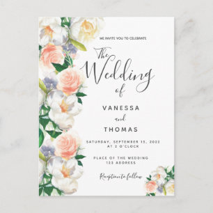 Floral coral script rose gold wedding invitation postcard