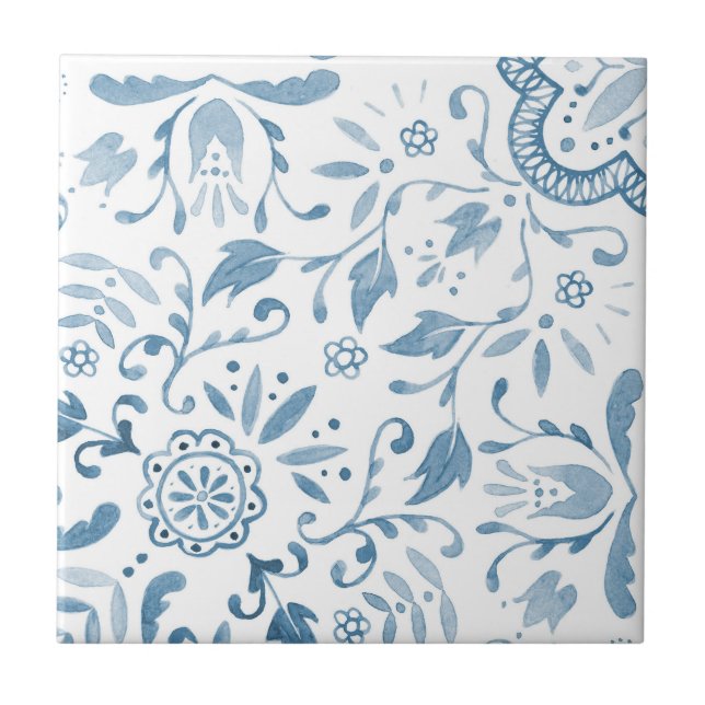 Floral Cottage Vintage Blue Pattern Tile (Front)
