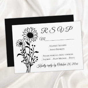 Floral Country Sunflower RSVP Black White Wedding Card