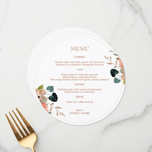 Floral Couple Initials Round White Wedding Menu