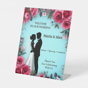🌷 Floral Couple Wedding In Turquoise And Pink 🌷 Pedestal Sign