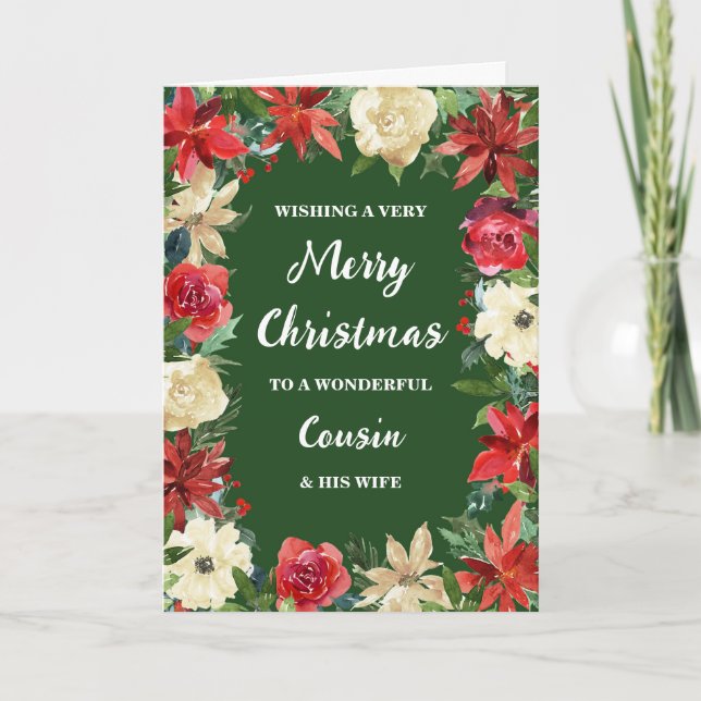 Floral Cousin & His Wife Merry Christmas Card (Front)