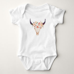 Floral cow bull skull   flower crown baby bodysuit