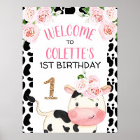 Floral Cow Cow Print Birthday Party Welcome Sign