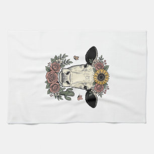 Floral Cow Head Vintage Engraving Design_1 Kitchen Towel