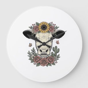 Floral Cow Head Vintage Engraving Design_1 Large Clock