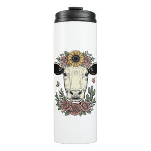 Floral Cow Head Vintage Engraving Design_1 Thermal Tumbler