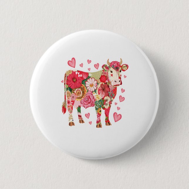 Floral Cow Png, Cute Cow Design Png 2 Inch Round Button (Front)
