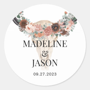 Floral Cow Skull Wedding Favour Classic Round Sticker